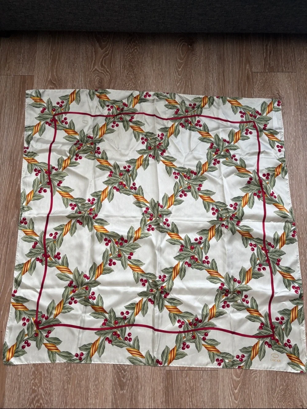 Vintage Oscar de la Renta Silk Scarf, Cream Holly Berry Holiday Print 34